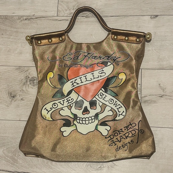 MINT Ed Hardy by Christian Audigier Gold Tote Bag – Love Kills Slowly HeartPrint - Picture 6 of 9